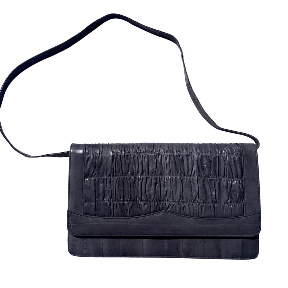 Vintage Genuine Eel Skin Ruched Envelope Clutch Handbag Gray Convertible Strap - Picture 2 of 10